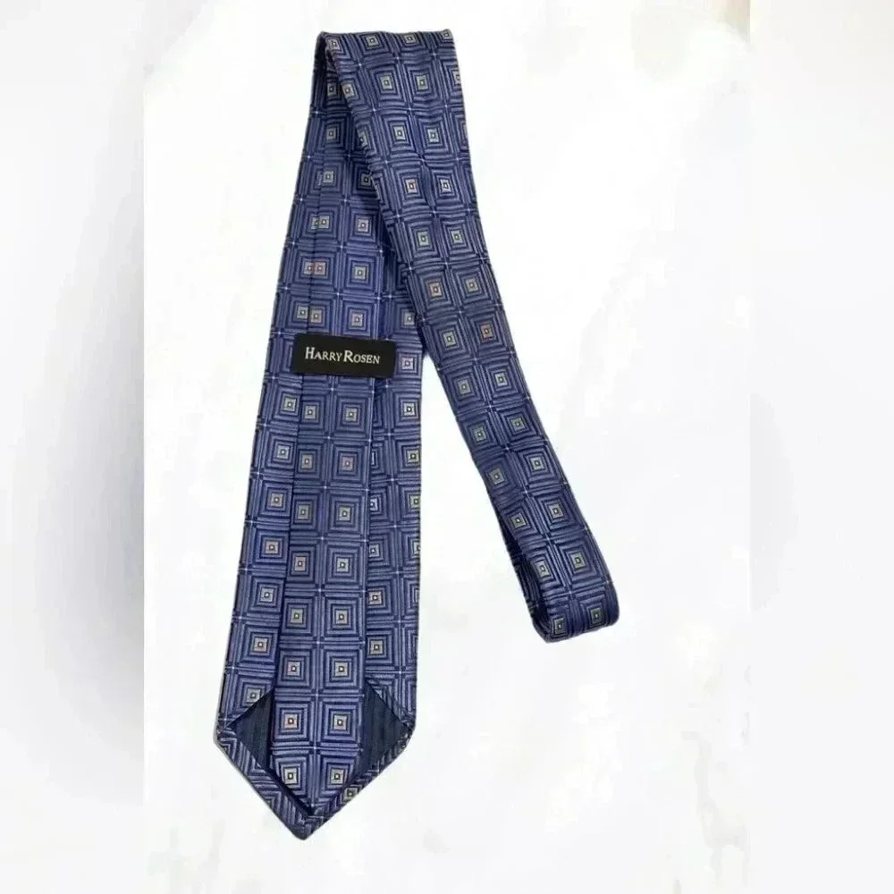 Harry Rosen 100% silk blue and grey geometric medallion tie